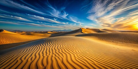Naklejka premium A panoramic view of a golden desert landscape with a blue sky, white clouds, and an orange sunset, revealing the intricate patterns of windblown sand dunes.