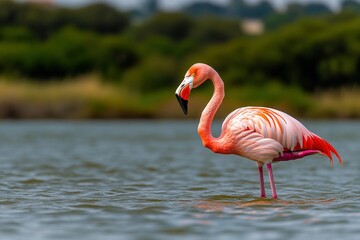 Fototapeta premium Group birds of pink African flamingos walking around the green lagoon - Wild African birds, Namibia . Beautiful simple AI generated image