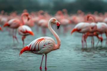 gathering of pink flamingos amidst long-legged companions in a wetland. Beautiful simple AI generated image