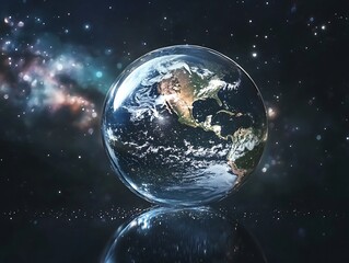 Naklejka premium Planet Earth Encased in a Luminous Crystal Sphere Floating in the Shimmering Cosmos