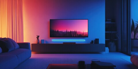 Ultra-slim monitor with a stylish light bar in a tech-inspired room, muted tones,