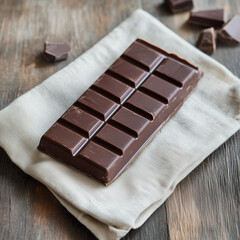 A single chocolate bar unwrapped halfway on a clean napkin