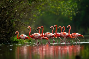 Naklejka premium Greater Flamingos - Phoenicopterus roseus- along the shores of Walvis Bay, Namibia.. Beautiful simple AI generated image
