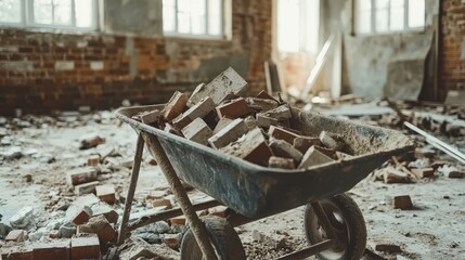 Construction site with bricks and concrete blocks in a wheelbarrow, realistic photography