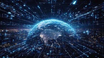 Digitally Interconnected Earth   Global Holographic Network Displaying Real Time Ecosystems and Cities