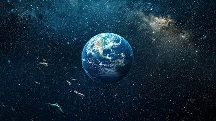 Fototapeta premium Planet Earth Floating in Ocean of Stars with Marine Creatures Swimming Through Cosmic Scenery