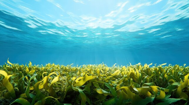Underwater scene showcasing vibrant aquatic plants illuminated by sunlight.
