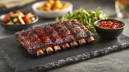 Delicious Barbecue Ribs Glazed with Sauce Served on a Slate Platter Alongside Fresh Vegetables and Appetizing Side Dishes for a Feast