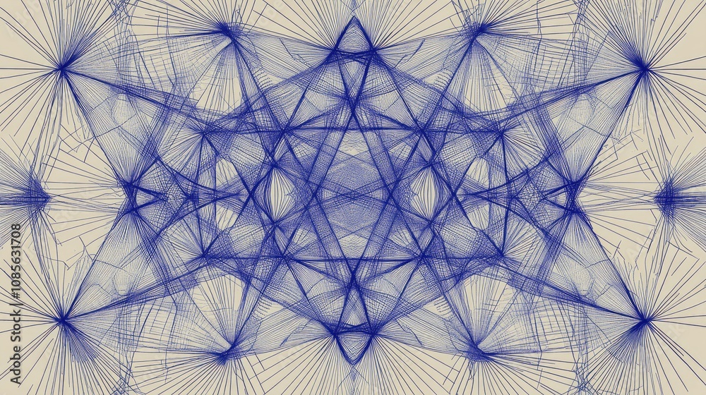 Poster intricate blue geometric pattern with lines and nodes representing modern art concepts in a symmetri