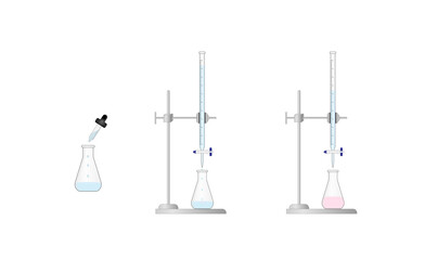 Titration procedure. Titrant in a burette and analyte in a conical flask, scientific experiment in the laboratory. Scientific vector illustration.	