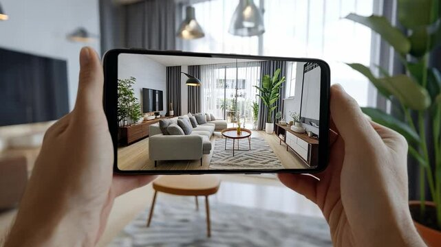 Virtual Home Tour:  Hands holding a smartphone showcasing a virtual tour of a modern and stylish living room, offering a glimpse into the possibilities of online real estate exploration. 