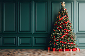 Fototapeta premium Empty of Christmas Blurred on Background. Blank Christmas. Gifts. Christmas Trees. Product Mockup. Copy space.