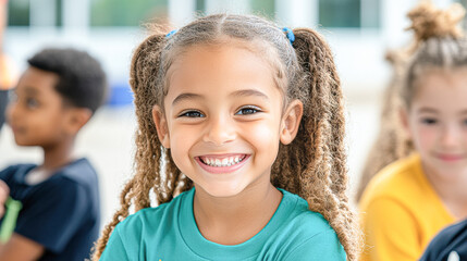 Obraz premium A joyful portrait of a young girl with beautiful curly hair and a bright smile in a group setting capturing the essence of childhood happiness and connection