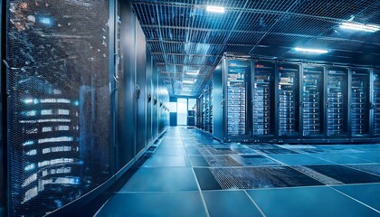 A server room with rows of server cabinets illuminated with cool blue lights.