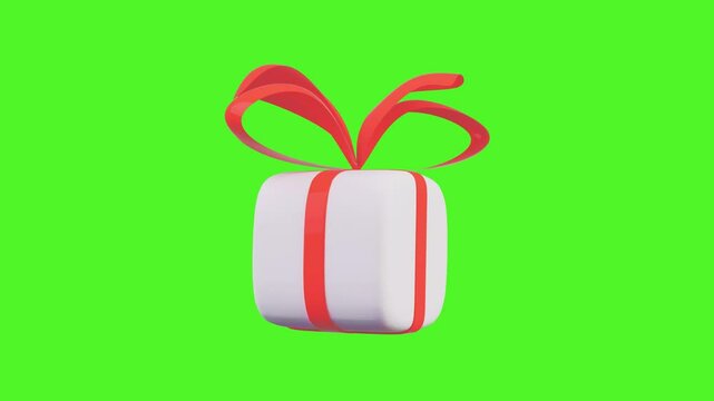 A White Gift Present box isolated on Green screen Chroma key background and isolated on White and Burgundy backdrop. Included Alpha Mask channel for Stencil Luma blending. 3D Animation in Ultra HD 4K.