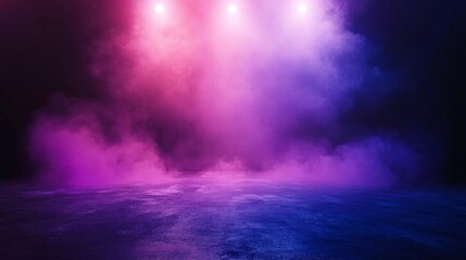 Fototapeta premium A purple and blue smoke filled room with three lights