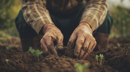 Elderly person gardening in vibrant garden, planting flowers and vegetables, warm sunlight, calm atmosphere, smiling face, hands in soil, peaceful activity, nurturing nature