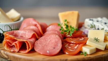 Gourmet Delight: Wooden Platter of Sliced Salami, Cheese, and Tomatoes for a Tasty Snack or Party
