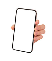 Hand showing smartphone with blank screen isolated on white background.