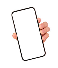 Hand showing smartphone with blank screen isolated on white background.