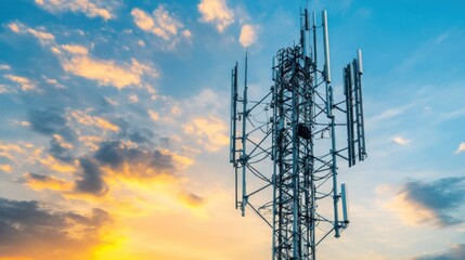 Communication tower with antennas against a colorful sunset sky, telecommunication concept