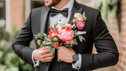 Groom holding wedding band on his ring finger, dressed in a black suit for the big day