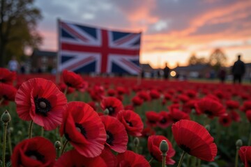 Field of red poppies at dusk with union jack in the background reflects remembrance and british heritage.