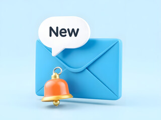3D Closed blue envelope with speech bubble and bell. New message notification. Send letter by email. Push reminder. Newsletter subscription. Cartoon creative design icon. 3D Vector illustration2