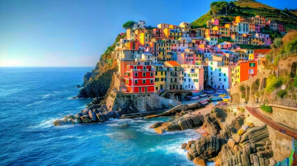 cliffside village sunset, the photo showcases the vibrant cliffside buildings of manarola, italy at sunset, adorned in colorful hues against the backdrop of crashing waves and a clear sky a stunning