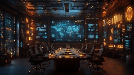 Futuristic meeting space holographic screens glowing data pathways and collaborative tech tools streamlining online teamwork
