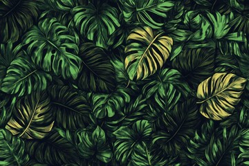 Seamless pattern of tropical Monstera leaves in shades of green and yellow on dark background