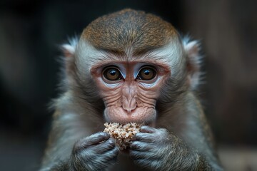 Obraz premium Chimpanzee portrait on dark background, close-up. Generative AI. Beautiful simple AI generated image