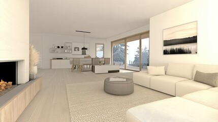 Fototapeta premium Scandinavian-inspired minimalist family room, pale wood floors, neutral sofa, airy and calm 