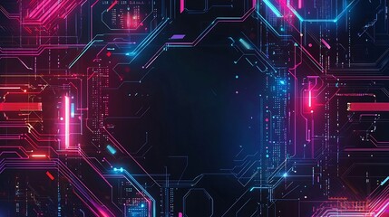 Obraz premium Futuristic Neon Frame with Glowing Circuit Lines and Digital Elements on a Dark Tech Inspired Background