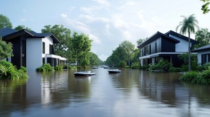 Obraz premium Flooded residential area with boats amidst greenery.