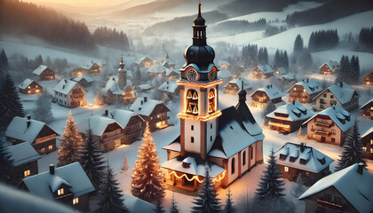 A church tower with Christmas bells ringing out over a snow-covered village, signaling the start of the holiday celebrations.