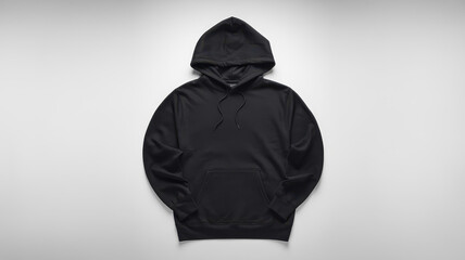A sleek, unbranded black hoodie displayed flat, showcasing its minimalist design and comfortable fabric, perfect for casual wear.