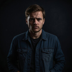 Fototapeta premium Image of a depressed man on a dark background. Sad gloomy stressed man.