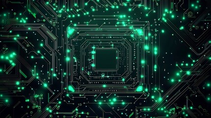 Futuristic Digital Circuit Board Frame with Glowing Green Nodes and Lines on Dark Background
