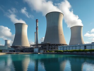 Industrial area with large chimney emitting thick white smoke