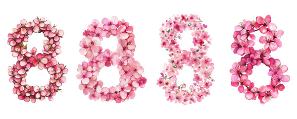Number 8 lined with pink flower petals png. International Women's Day. Watercolor elements from watercolor flowers. Spring and women's holiday concept. Vector illustration