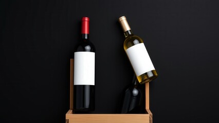 Elegant Wine Bottles in Wooden Box on Dark Background, Perfect for Online Sales and Marketing