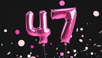 Pink birthday / anniversary balloon, number 47, black background with confetti