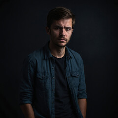 Obraz premium Image of a depressed man on a dark background. Sad gloomy stressed man.