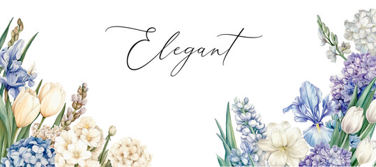 Watercolor banner with flowers png. Flowers tulips, hydrangea,hyacinth,freesia and other flowers. Elegant vintage floral composition. Vector illustration.
