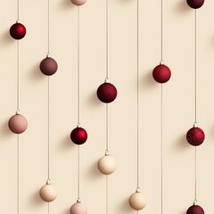 Fototapeta premium A seamless pattern featuring elegant red and gold Christmas ornaments hanging on strings, set against a soft beige background, perfect for festive decor.