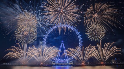 Spectacular New Year&rsquo;s Eve Fireworks Display Above Illuminated Ferris Wheel with Reflections on Water