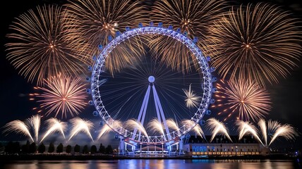Spectacular New Year&rsquo;s Eve Fireworks Display Above Illuminated Ferris Wheel with Reflections on Water