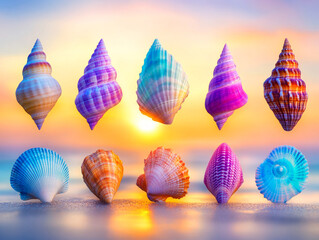 Colorful Shell Collection on Sandy Beach at Sunset, Showcasing Vibrant Patterns and Textures of Various Sea Shells Displayed Creatively by the Ocean Shore