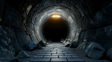 A dark, circular stone tunnel, dimly lit by a single light source at its far end, features a cobblestone path leading towards the glowing aperture.